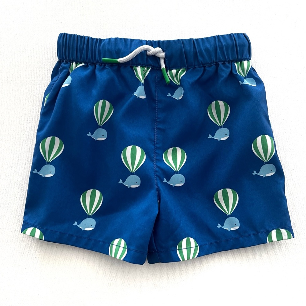 Jacadi Blue Swim Trunks with Green & White Hot-Air Balloon Whales